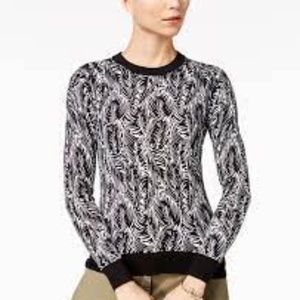 MICHAEL Michael Kors Palm-Print Ribbed-Contrast Crewneck Sweater